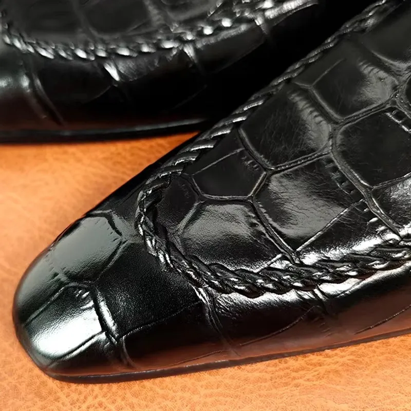 Black Crocodile Print Woven Pattern Loafers