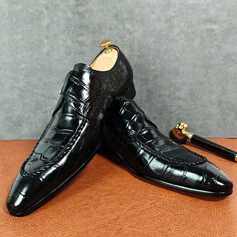 Black Crocodile Print Woven Pattern Loafers