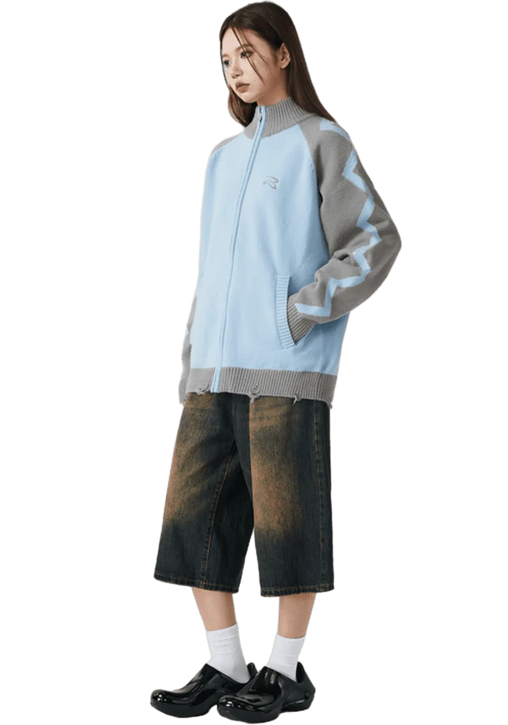 Rippled Raglan Sleeve Turtleneck Sweater