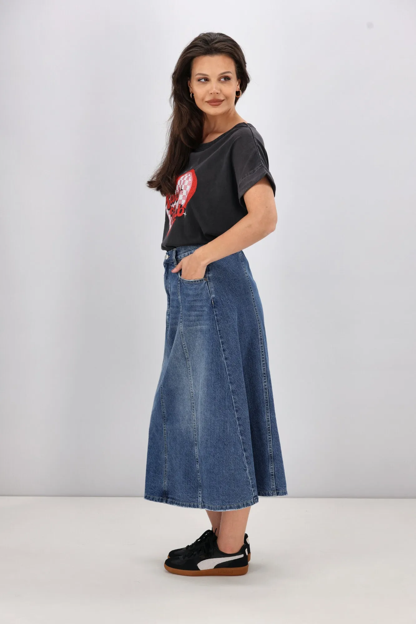 Shine On Label Radiance Panelled Denim Skirt Indigo
