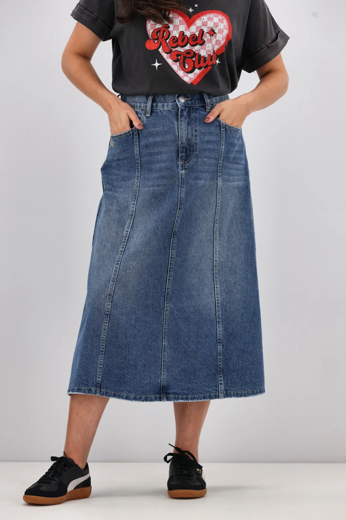 Shine On Label Radiance Panelled Denim Skirt Indigo