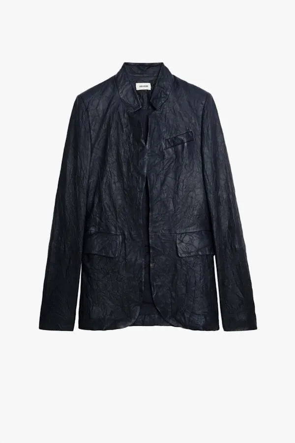 Very Crinkled Leather Blazer - Encre