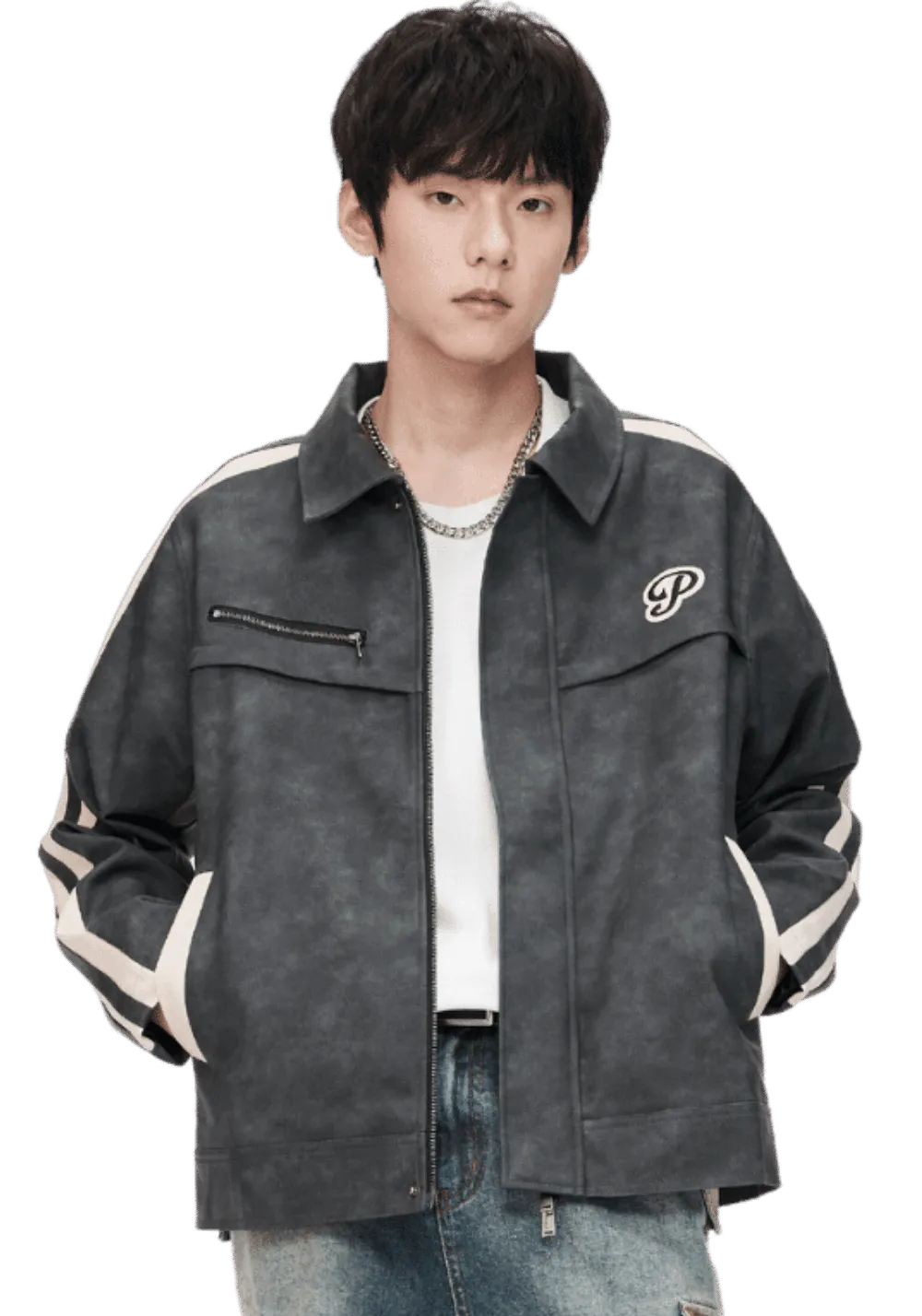 Woven Stand Collar Leather Jacket