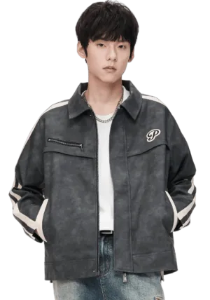 Woven Stand Collar Leather Jacket